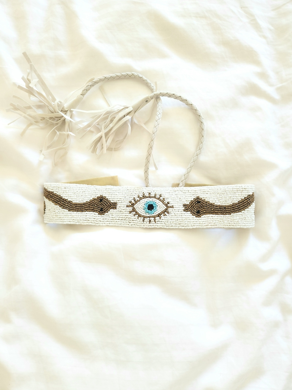 Nordstrom White Beaded Waist Belt with Blue Evil Eye